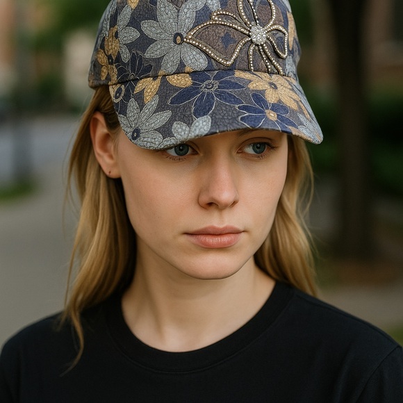 New, Floral& Rhinestone Embellished Cap - Blue and Black - Picture 2 of 9